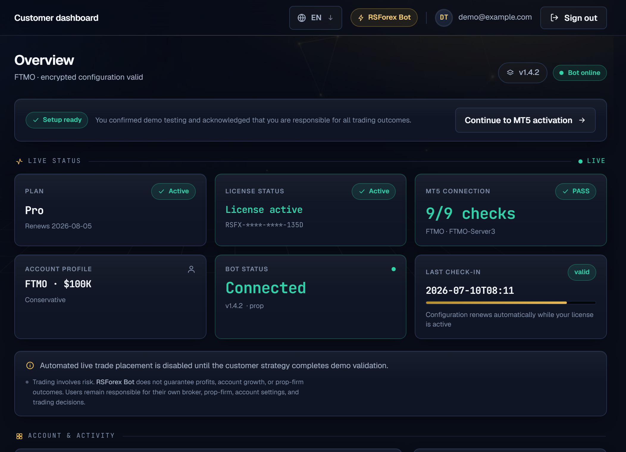 RSForex Bot customer dashboard: plan, license status, MT5 connection, compatibility check, account profile, bot status and last check-in.